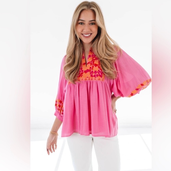 J.Marie Tops - Vibrant Pink Floral Women's Blouse. In boho style.